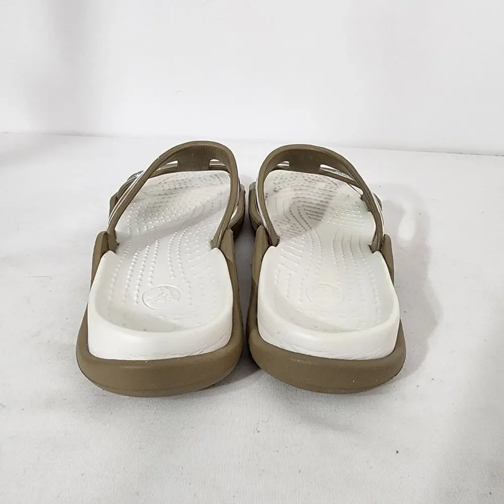 Crocs Women’s Cleo III T Strap Comfort Sandals Slip On Casual White Taupe Size 8